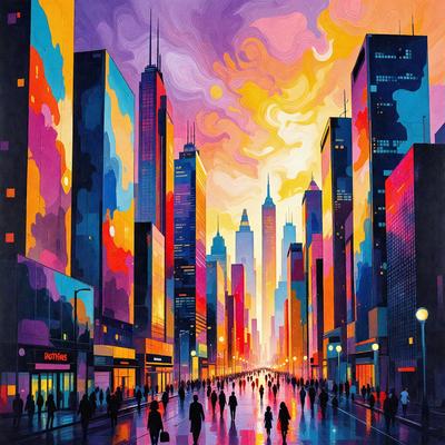 The primary subject of the image is a city street filled with people walking. The setting is a bustling urban environment with tall buildings and a busy sidewalk. The visual style is a colorful, artistic illustration that captures the vibrant atmosphere of the city. The colors and mood are lively and energetic, with a mix of bright and warm hues that create a sense of excitement and movement.